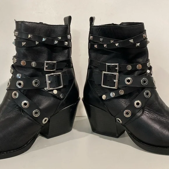 Zara Black Studded Leather Heeled Ankle Size 6 - Picture 5 of 14